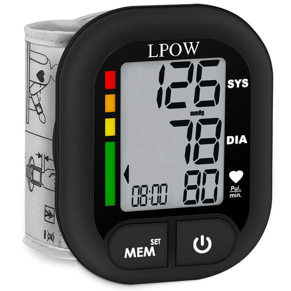 LPOW Wrist Blood Pressure Monitor for Home Use, Large LCD Display, 99 x 2 Sets Memory, 1 Carrying Case
